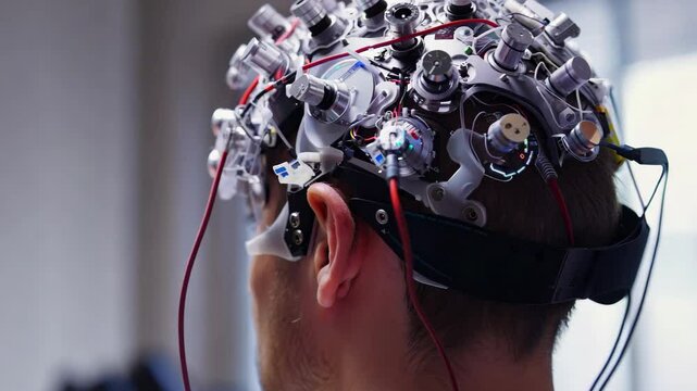 Person with EEG Cap, Brainwave Monitoring Technology in Use