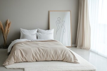 Minimalist beige bedroom interior with large bed, fluffy rug, and natural light.