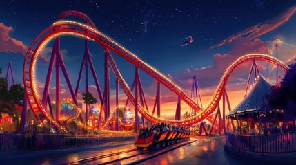 Fototapeta premium Exciting Nighttime Roller Coaster Ride at Amusement Park Carnival