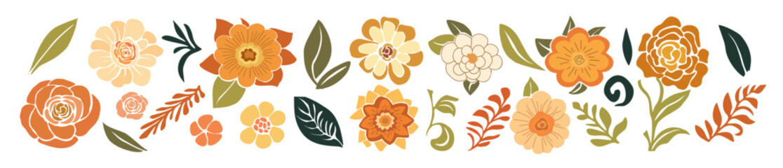 Set of hand drawn floral design elements in folklore style. Wild and garden flowers, leaves. Contemporary modern vector botanical art illustrations in trendy colors isolated