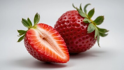 Fresh Red Strawberries with a Halved Berry Showing Juicy Interior on a White Background