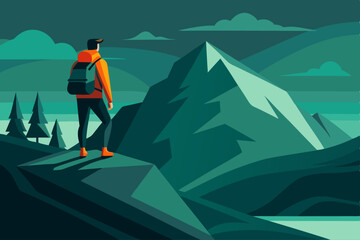 Lone Hiker Standing on Mountain Peak &ndash; Adventure & Exploration Concept