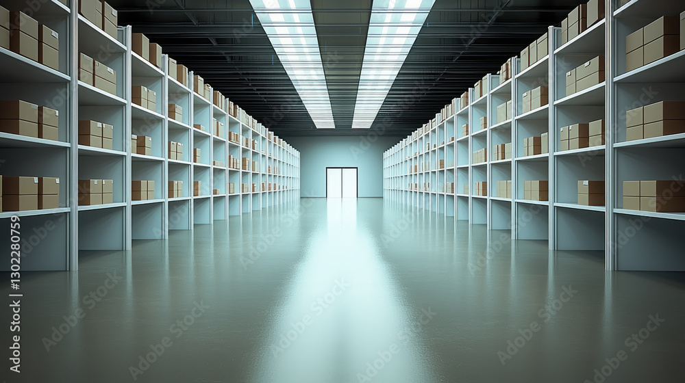 Aufkleber spacious modern warehouse with shelves filled with boxes, creating sense of organization and efficie