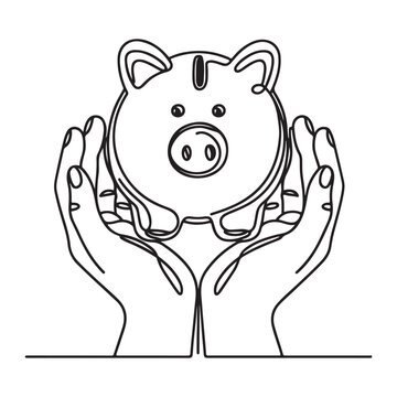 recommend clip art: continuous one single black line art doodle drawing of Hands holding a piggy bank for saving money concept illustration