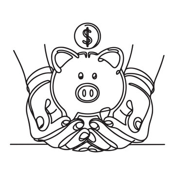 recommend clip art: continuous one single black line art doodle drawing of Hands holding a piggy bank for saving money concept illustration