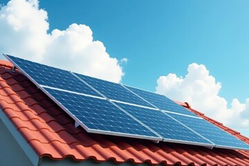 Cloudy daytime scene, solar panels on slanted roof , renewable, energy efficient