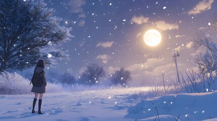 Obraz premium A lone girl standing in a snow covered winter landscape