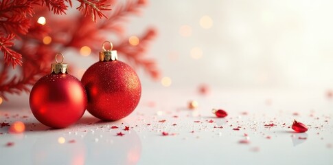 Fototapeta premium Glistening red & gold glass ornaments, white backdrop, shiny, holiday, christmas spirit