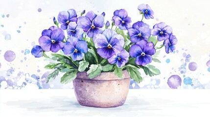 A vibrant watercolor painting of a pot filled with purple pansies, showcasing delicate petals and lush green leaves against a soft background.
