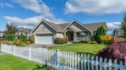 A picturesque suburban house with a white picket fence and a well-maintained front yard.