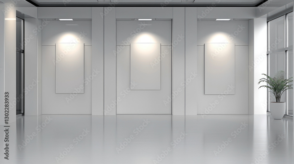 Aufkleber modern gallery interior with white walls and empty frames, ideal for art display