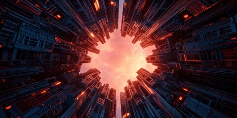 Obraz premium A mesmerizing view of towering buildings converging towards a fiery, glowing sky, creating a futuristic urban atmosphere.