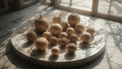 Arrangement of Decorative Natural Objects on a Textured Surface in Soft Natural Light