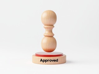 Wooden stamp labeled 'Approved' on a smooth white background, symbolizing validation