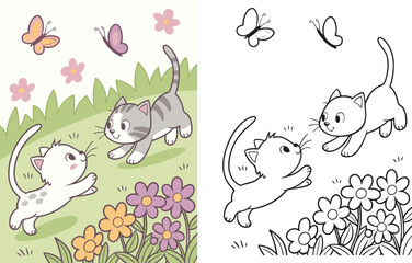 Obraz premium Two kittens chasing each other around flowers and butterflies