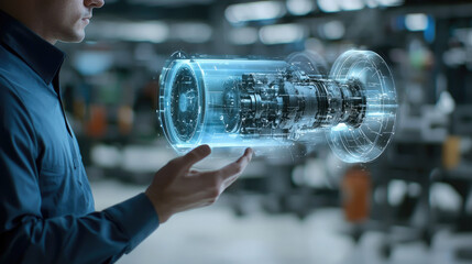 male engineer interacts with holographic engine design, showcasing innovation and technology in modern workspace