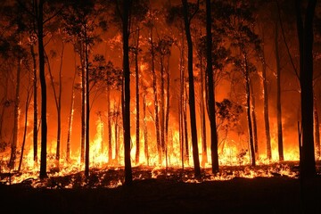 Naklejka premium A forest fire is raging through a wooded area