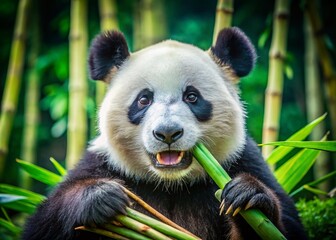 Obraz premium Adorable Giant Panda Enjoying a Bamboo Feast: Candid Wildlife Photo