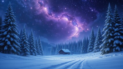 Naklejka premium Winter Landscape with Snowy Cabin and Starry Galaxy in a Tranquil Forest at Night