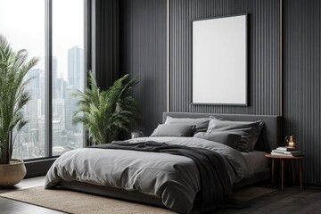 Modern bedroom with city view, gray bedding, and blank frame.