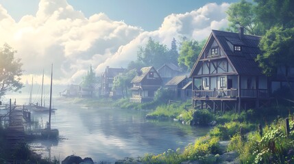 Fototapeta premium A peaceful lakeside village scene with quaint homes and docks