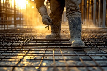Close-Up Shot of Workers' Hands Tying Rebar on Construction Site at Sunrise