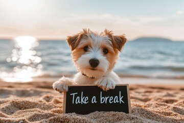 Take a break, Cute Friendly Dog Relaxing on the Beach with Take a Break Sign in Summer Sunlight