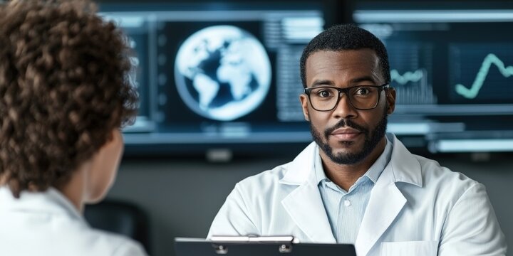 A healthcare professional consults with a colleague in a modern medical environment, featuring digital screens displaying global data and analytics.