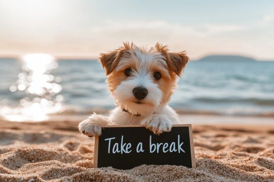 Take a break, Cute Friendly Dog Relaxing on the Beach with Take a Break Sign in Summer Sunlight