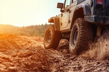 Obraz premium Rugged Off-Road Vehicle in Motion Kicking Up Dust on a Challenging Terrain