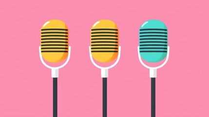 Retro microphones on a pink background. Vector illustration of vintage microphones for podcasting, radio, or music.