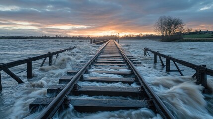 Fototapeta premium Sunset over Flooded Railway Tracks