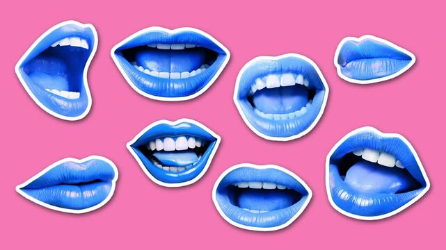Mouths talking loop. Playful cut-out collage-style animation. Blue and pink. AI videos were used as design elements. Chat overload concept.