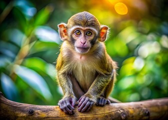 Fototapeta premium Adorable Monkey Perched on Branch, Blurred Background - High Resolution Stock Photo