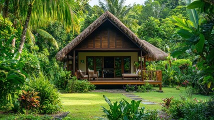 A luxurious Tahiti bungalow surrounded by crystal-clear waters and lush greenery.