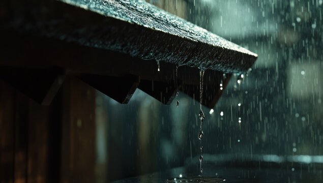 Rainy Day Eaves: Tranquil Drops Falling on a Wet Wooden Roof
