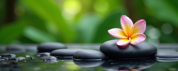 Smooth spa stones, fragrant frangipani blossoms , overhead shot, relaxation, background