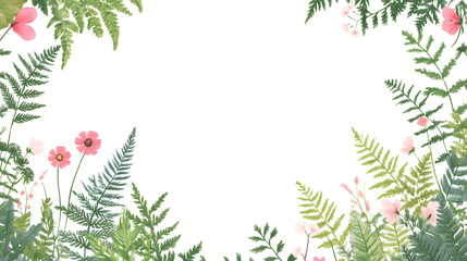 Hand-drawn botanical frame with wildflowers and ferns, cut out, frame of green leaves