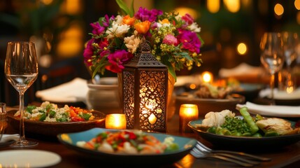 Romantic Dinner Table Setting With Flowers And Candles