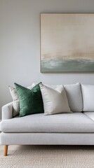 Modern sofa with decorative pillows against a neutral wall.