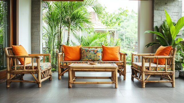 A tropical bungalow interior with bamboo furniture and vibrant cushions.