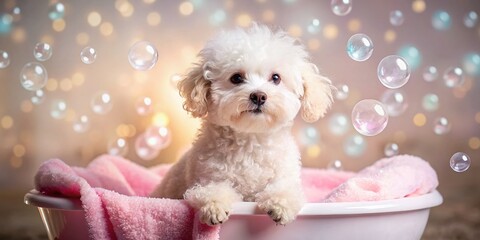 Adorable Poodle Puppy Enjoying a Bubble Bath - Cute Dog Grooming Stock Photo