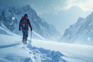 A solitary figure traversing a snow-laden expanse under a falling snow , vast, countryside