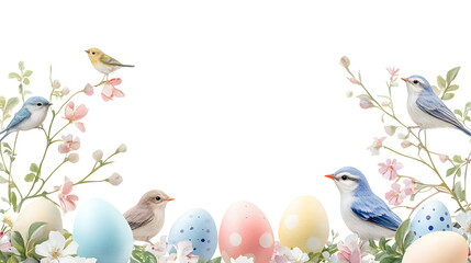 
Easter-themed floral frame with colorful pastel eggs and tiny birds, on white background
