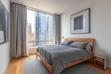 Fototapeta premium Modern bedroom with city view, wood bed, gray linens, and floor rug.