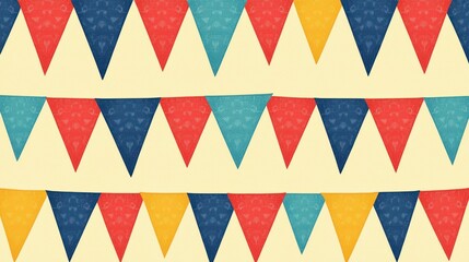 A seamless bunting pattern featuring triangular flags in red, blue, and yellow hues.