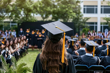 proud graduate stands at ceremony, celebrating achievement with peers