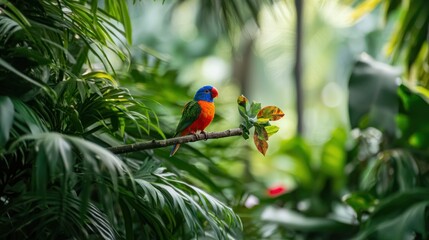 Obraz premium A vibrant painted bunting bird perched on a branch surrounded by lush greenery.