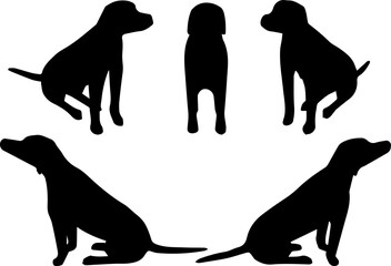 A collection of black dog silhouettes in various sitting and standing positions, displayed on a white background, perfect for design, illustration, and creative projects.