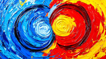 Fototapeta premium Swirling blue, red, and yellow oil paint texture, close-up studio shot, abstract background for design